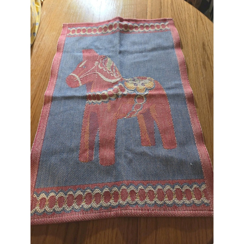 Vtg Mint Ekelund Master Weavers Sweden tea towel horse 14x 21 Blue Red